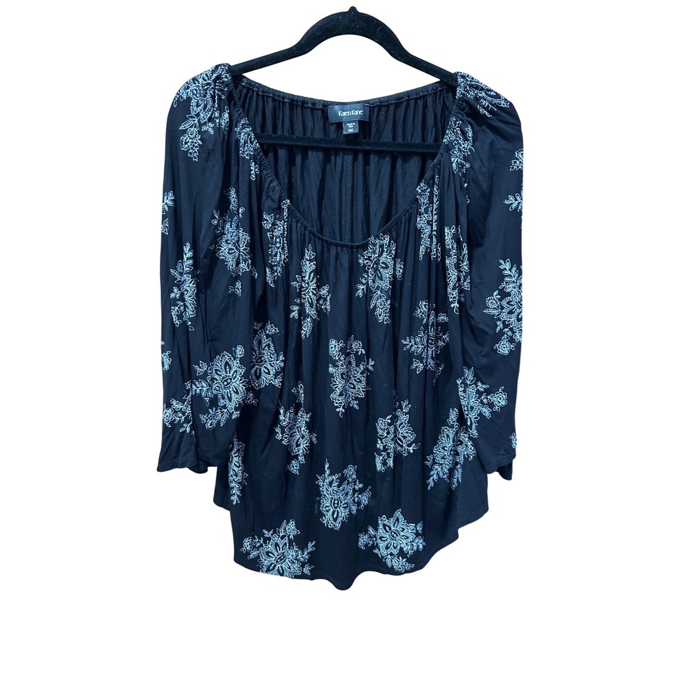 Karen Kane Womens Plus 0X Black Floral Medallion Peasant Blouse Long Sleeve Top